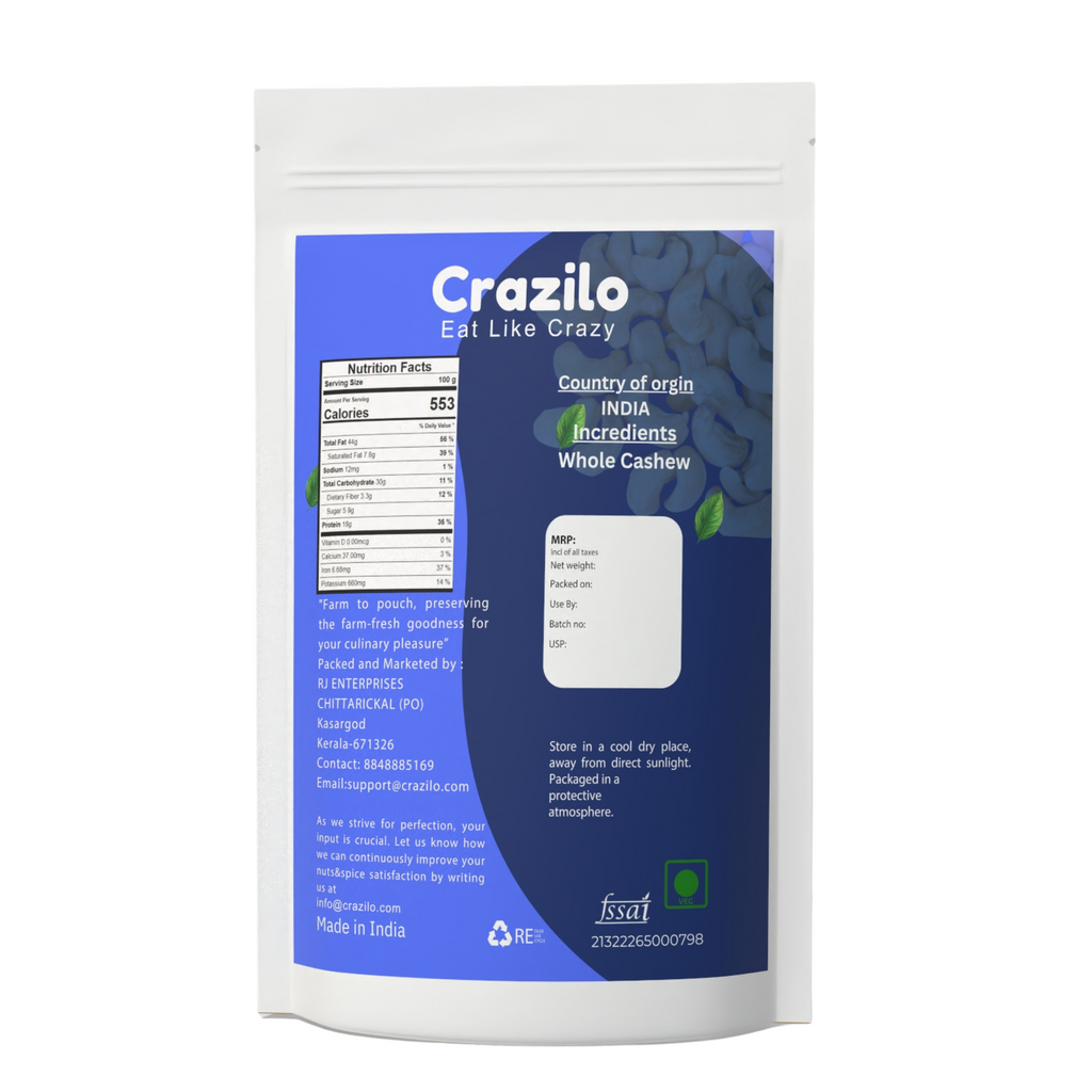 Crazilo Whole Cashews | Grade W240 | 1 Kg | Gluten Free & Plant Based Protein | Premium Kaju Nuts