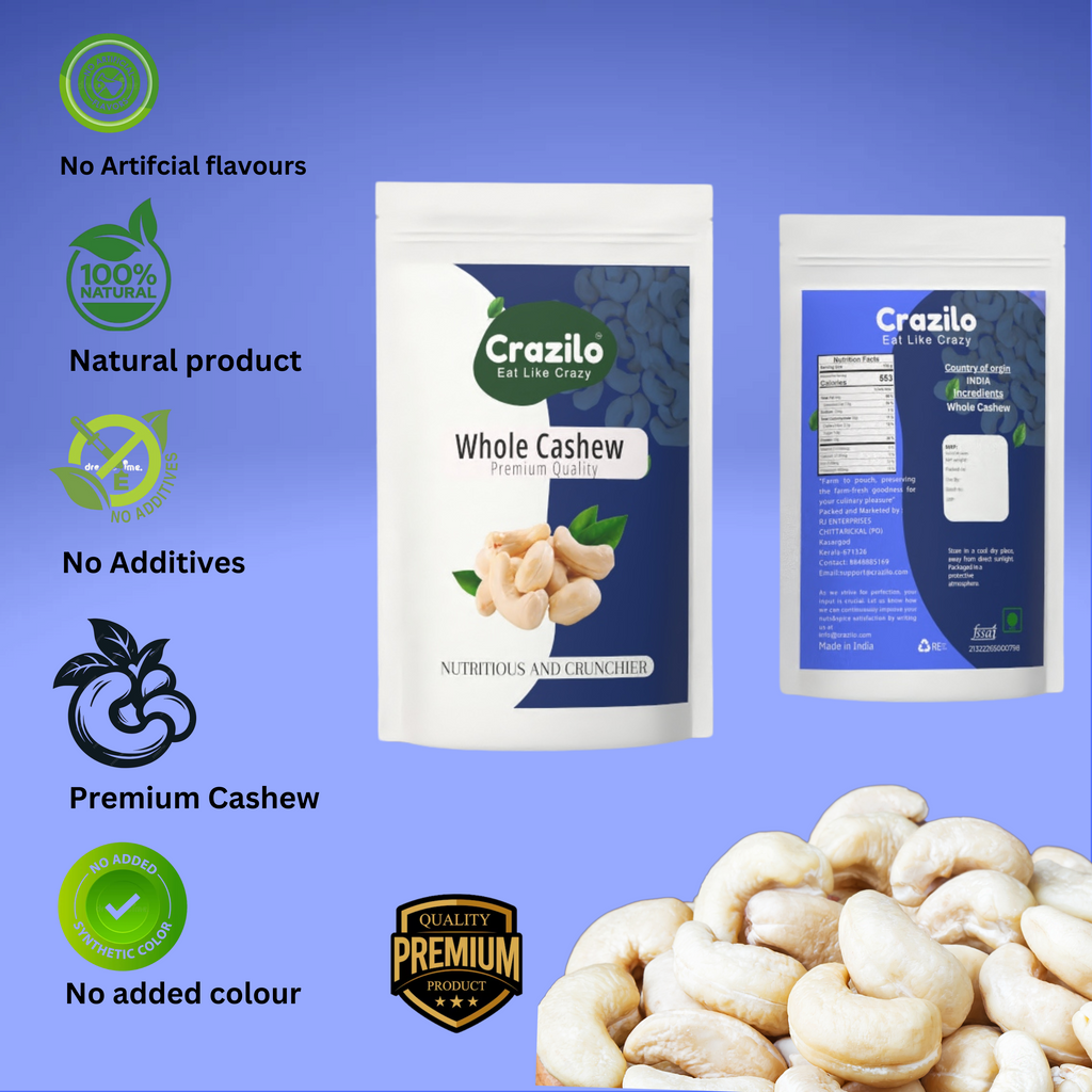 Crazilo Whole Cashews | Grade W240 | 1 Kg | Gluten Free & Plant Based Protein | Premium Kaju Nuts